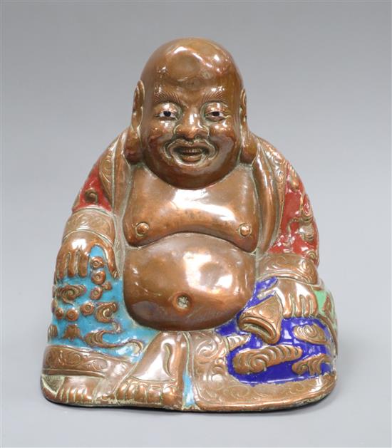 A 19th century Chinese copper and enamel budai height 13cm